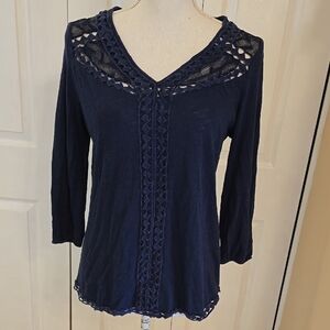 LUCKY BRAND Size Small Navy Blue Women's Top with Lace Detail